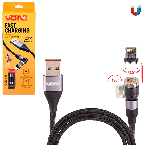 Кабель магнитный шарнирный VOIN USB - Lightning 3А, 1m, black (быстрая зарядка/передача данных) (VL-6601L BK)