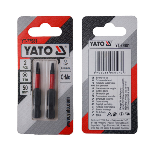 Насадка отверточная YATO TORX T10 × 50 мм, HEX 1/4", CR-MO, 2 шт. YT-77981