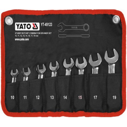 Клюи комбинированные короткие YATO с "трещоточкой" Cr-V, М10, 11, 12, 13, 14, 15, 17, 19 мм, 8 шт. YT-49123
