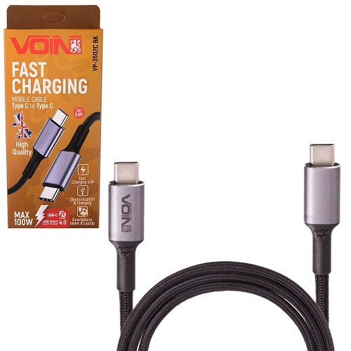 Кабель VOIN VP-3502C BK Type C-Type C 5А/20V, QC4.0/PD 2m, black (быстрая зарядка/передача данных) (VP-3502C BK)