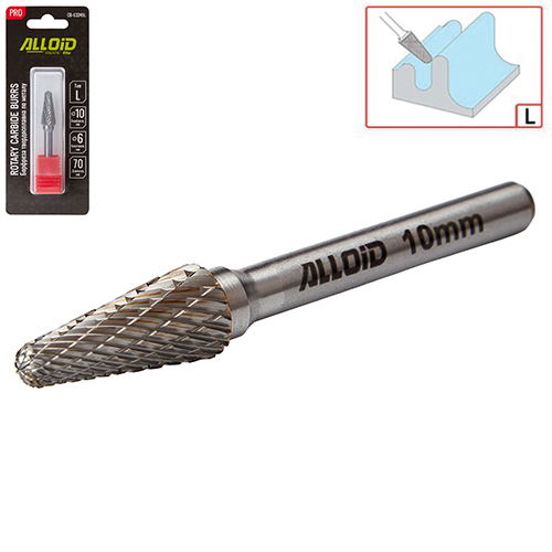 Борфреза твердосплавная по металлу Alloid Pro , тип L, D-10мм, d-6мм, L-70мм