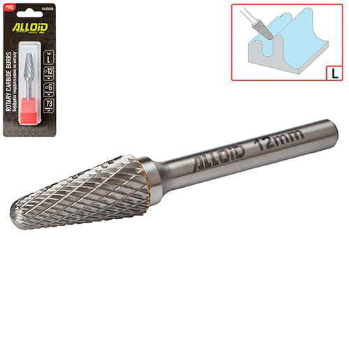 Борфреза твердосплавная по металлу Alloid Pro , тип L, D-12мм, d-6мм, L-73мм