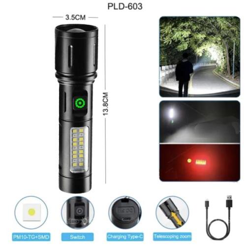 Фонарь PLD-603 WHITE LASER LED PM10-TG+18SMD (white+red), Li-Ion ак, индик.заряда,ЗУ Type-C,zoom,Box (PLD-603)