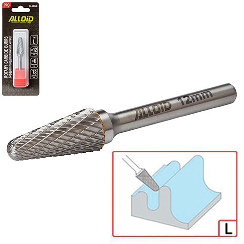Борфреза твердосплавная по металлу Alloid Pro , тип L, D-12мм, d-6мм, L-73мм