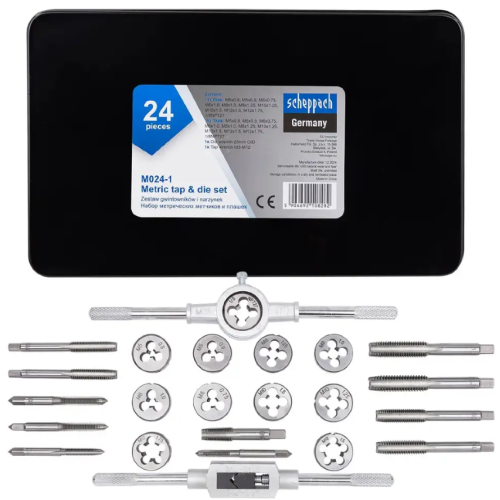 Набор метрических метчиков и плашек  (М5–М12),24предмета,в металлическом кейсе. Scheppach SCH-M024-1
