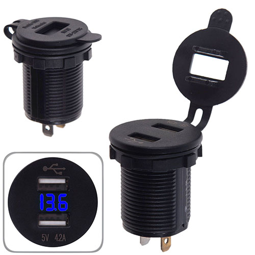Автомобільний зарядний пристрій 2 USB 12-24V урізне в планку + вольтметр (10254 USB-12-24V 4.2A BLU)