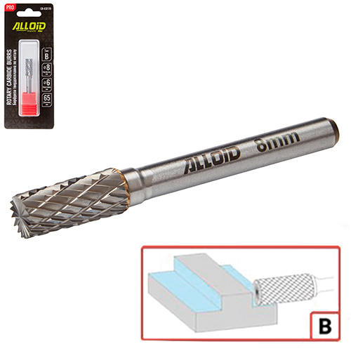 Борфреза твердосплавная по металлу Alloid Pro , тип B,  D-8мм, d-6мм, L-65мм