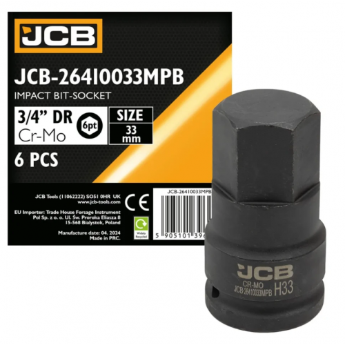 Бита литая ударная HEX под квадрат 3/4" 33 мм JCB Tools JCB-26410033MPB