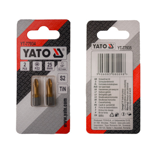 Насадка викруткова YATO PZ2 × 25 мм, HEX 1/4", титанове покриття, 2 шт. YT-77934