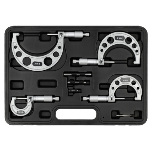 Микрометры YATO YT-72304 с точностью 0,01 мм, диапазоны 0–25 / 25–50 / 50–75 / 75–100 мм, 4 шт