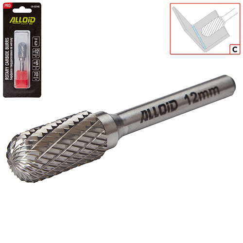 Борфреза твердосплавная по металлу Alloid Pro , тип C, D-12мм, d-6мм, L-70мм