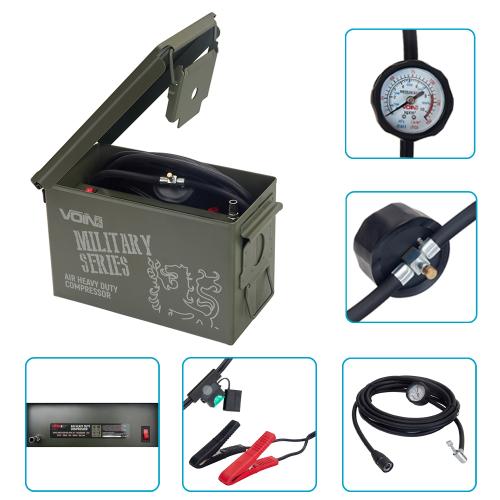 Автомобільний компресор VOIN VM-070 “MILITARY SERIES” 150 PSI / 25 A / 90 л/хв, підключення клемами