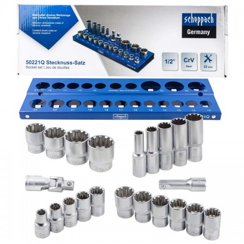 Набор головок 1/2", 22 шт, универсальный 12гранный профиль SCHEPPACH SCH-50221Q