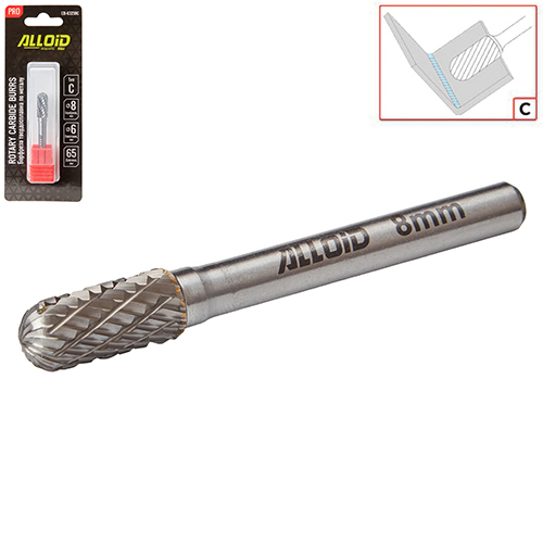 Борфреза твердосплавная по металлу Alloid Pro , тип C, D-8мм, d-6мм, L-65мм