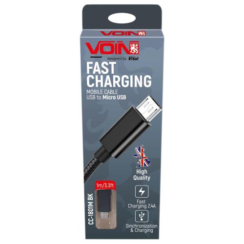 Кабель VOIN CC-1801M BK, USB - Micro USB 3А, 1m, black (быстрая зарядка/передача данных) (CC-1801M BK)