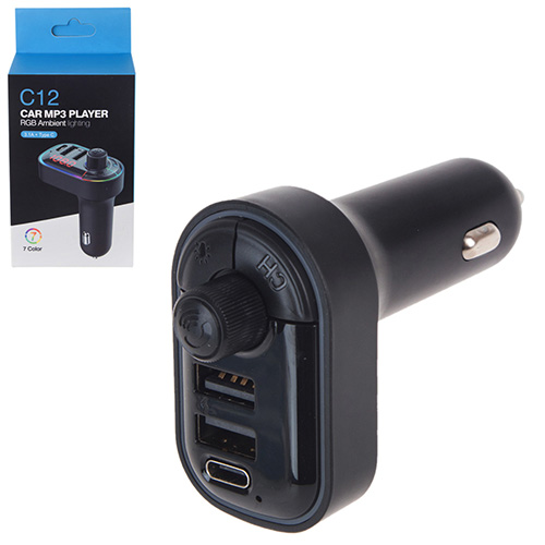 Модулятор FM 5в1 C12 12-24v 2USB 5V-3.1A Type C 5V-3.1A BT5.0 RGB-ambient light (С12)