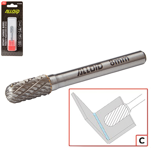 Борфреза твердосплавная по металлу Alloid Pro , тип C, D-8мм, d-6мм, L-65мм