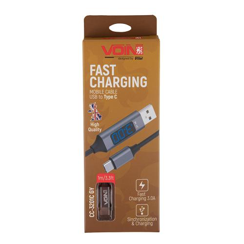 Кабель VOIN CC-3201C GY , USB - Type C 3А, 1m, grey с дисплеем (CC-3201C GY)