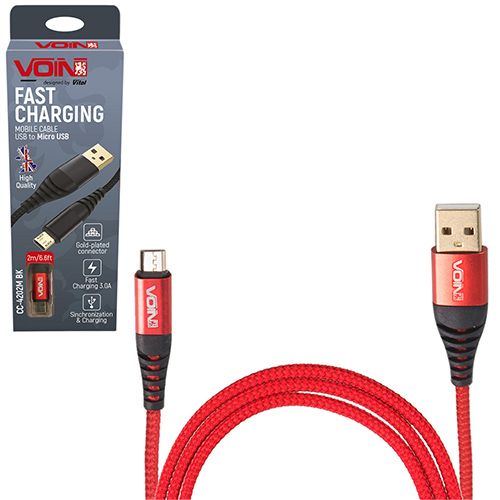 Кабель VOIN CC-4202M RD, USB - Micro USB 3А, 2m, red (быстрая зарядка/передача данных) (CC-4202M RD)