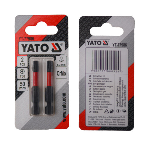 Насадка викруткова YATO TORX T30 × 50 мм, HEX 1/4", CR-MO, 2 шт. YT-77986