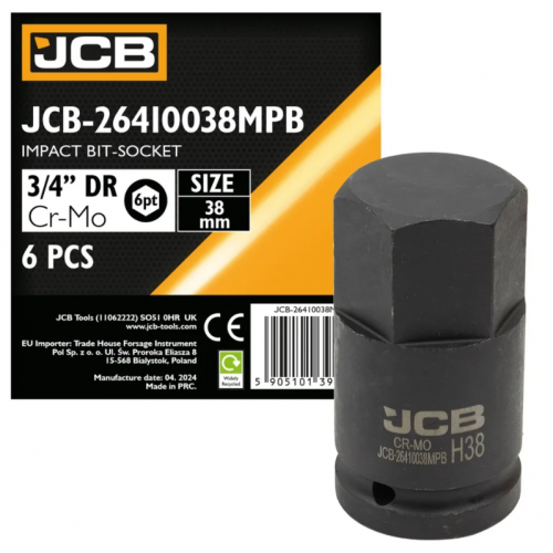 Бита литая ударная HEX под квадрат 3/4" 38 мм JCB Tools JCB-26410038MPB