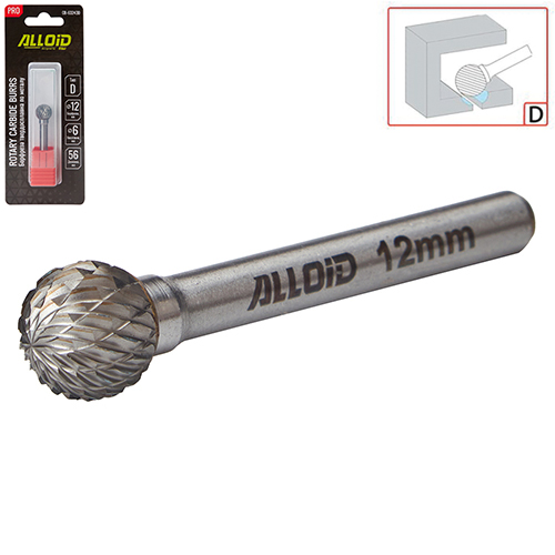 Борфреза твердосплавная по металлу Alloid Pro , тип D, D-12мм, d-6мм, L-56мм