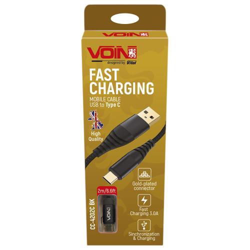 Кабель VOIN CC-4202C BK USB - Type C 3А, 2m, black (быстрая зарядка/передача данных) (CC-4202C BK)