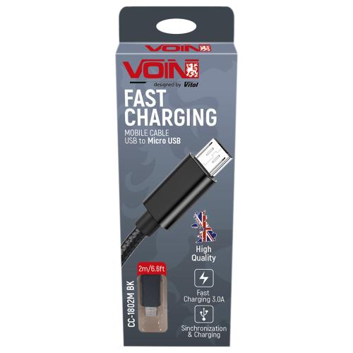 Кабель VOIN CC-1802M BK, USB - Micro USB 3А, 2m, black (быстрая зарядка/передача данных) (CC-1802M BK)