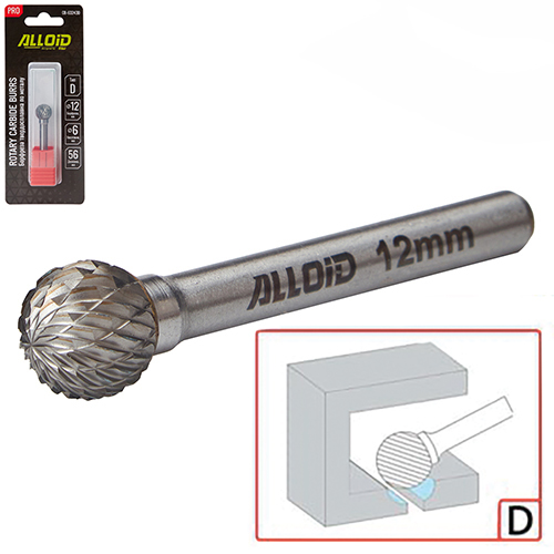 Борфреза твердосплавная по металлу Alloid Pro , тип D, D-12мм, d-6мм, L-56мм