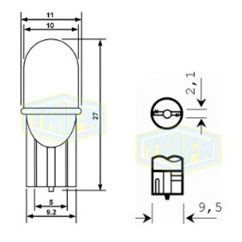 Лампа автомобільна Світлодіодна LED з пластиковим цоколем Trifa 12V 0,27W W2,1x9,5d T10 20mA green (02802)