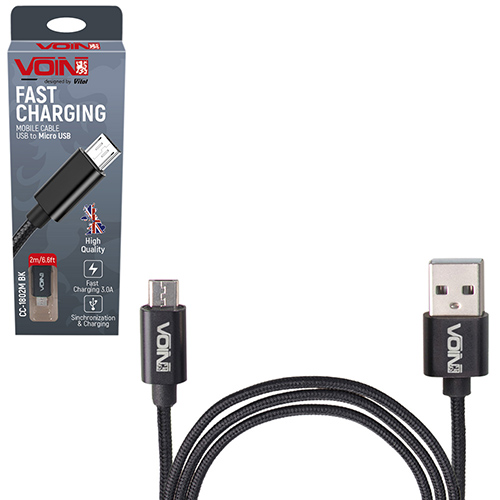 Кабель VOIN CC-1802M BK, USB - Micro USB 3А, 2m, black (быстрая зарядка/передача данных) (CC-1802M BK)