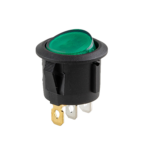 Переключатель on-off с подсветкой 12V круглый 3pin Green 22*22*16мм 6A 250V 10A 125/250V (YJ-WF05B)