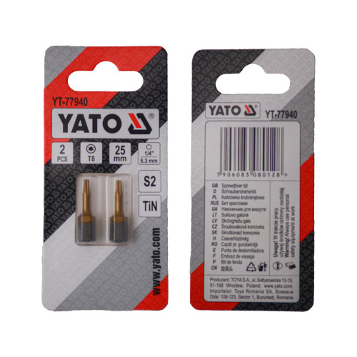 Насадка отверточная YATO TORX T8 × 25 мм, HEX 1/4", титановое покрытие, 2 шт. YT-77940