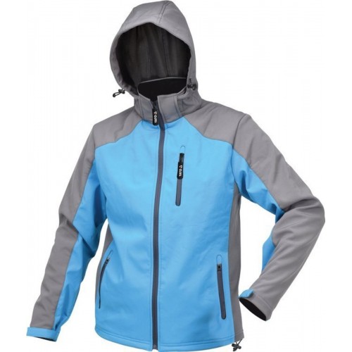 Куртка рабочая SOFTSHELL с прикреплённым капюшоном YATO разм S, сине-серая, 3 кармана, 96% полиэс и 4% спан.