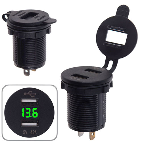 Автомобільний зарядний пристрій 2 USB 12-24V урізне в планку + вольтметр (10255 USB-12-24V 4.2A GRE)