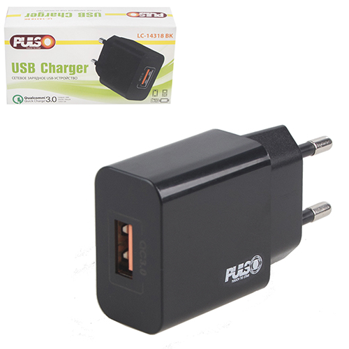 Мережевий зарядний пристрій PULSO 18W, 1 USB, QC3.0 (5V*3A/9V*2A/12V*1.5A) (LC-14318 BK)