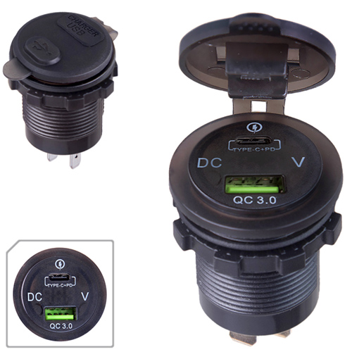 Автомобільний зарядний пристрій  USB 5-12V3.0A + TYPE-C+PD 12-24V урізне в планку + вольтметр (55282 USB-12-24V 3.0A GR)