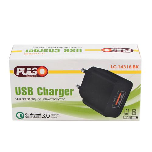 Мережевий зарядний пристрій PULSO 18W, 1 USB, QC3.0 (5V*3A/9V*2A/12V*1.5A) (LC-14318 BK)