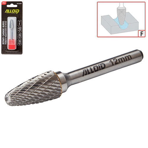 Борфреза твердосплавная по металлу Alloid Pro , тип F, D-12мм, d-6мм, L-70мм