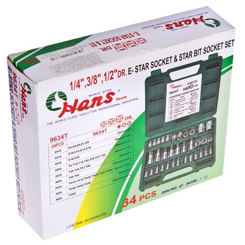 Набор торцевых головок ТОRX 1/2",3/8",1/4" внутренний и наружный 34предм. HANS (9634Т)