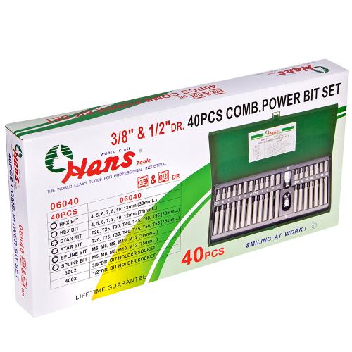 Набор бит HANS TORX HEX Spline 4-12мм, длиной 30/75мм, D-10мм 3/8"DR и 1/2"DR, 40 предметов (06040) (06040)