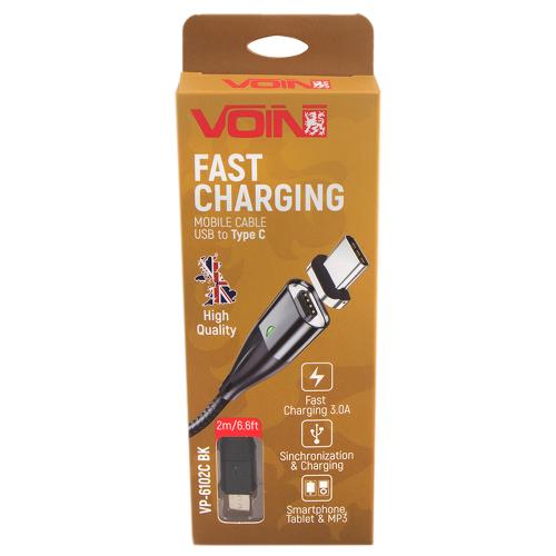 Кабель магнитный VOIN USB - Type C 3А, 2m, black (быстрая зарядка/передача данных) (VP-6102C BK)