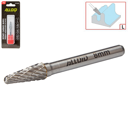 Борфреза твердосплавная по металлу Alloid Pro , тип L, D-8мм, d-6мм, L-67мм