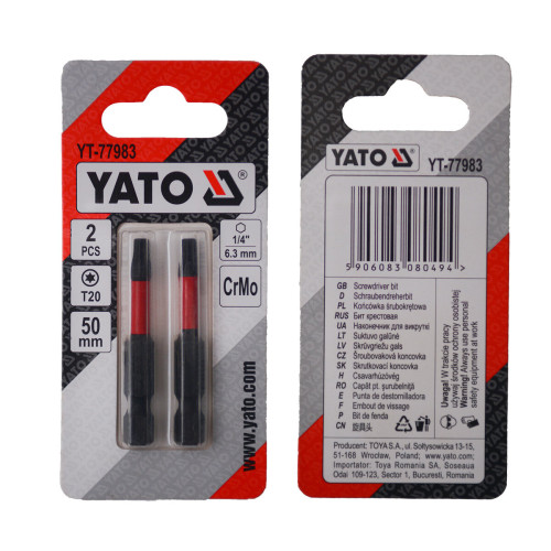 Насадка отверточная YATO TORX T20 × 50 мм, HEX 1/4", CR-MO, 2 шт. YT-77983