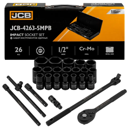 Набор ударных инструментов в металлическом кейсе 26 пр. 1/2" (6-гр.) (8-32 мм) JCB Tools JCB-4263-5MPB