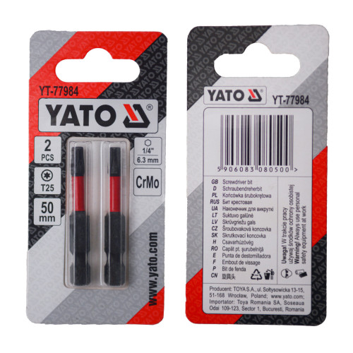 Насадка викруткова YATO TORX T25 × 50 мм, HEX 1/4", CR-MO, 2 шт. YT-77984