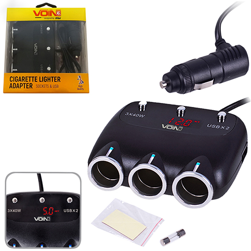 Розгалужувач (подовжувач) прикурювача VOIN 3 виходи + 2USB 2400 mA 12/24V SC-3003 дріт+вольтметр (SC-3003)