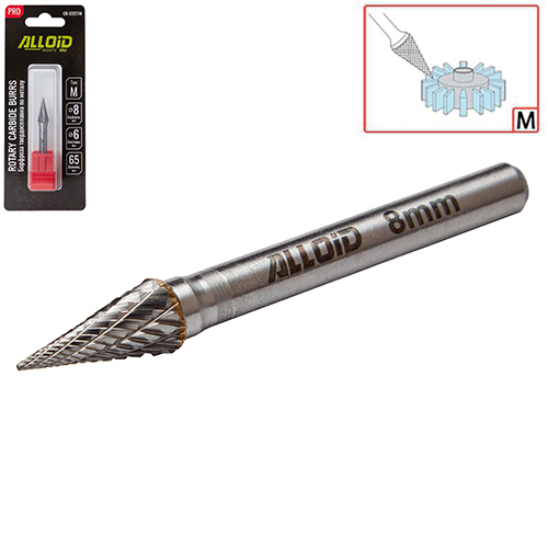 Борфреза твердосплавная по металлу Alloid Pro , тип M, D-8мм, d-6мм, L-65мм