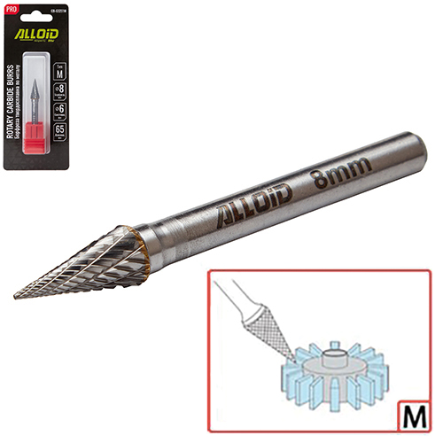 Борфреза твердосплавная по металлу Alloid Pro , тип M,  D-8мм, d-6мм, L-65мм