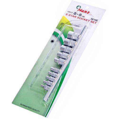 HANS. Набор торцевых головок внешний торкс 1/4"-3/8"DR Е4-Е18, 10предм. (5610E) (5610Е)